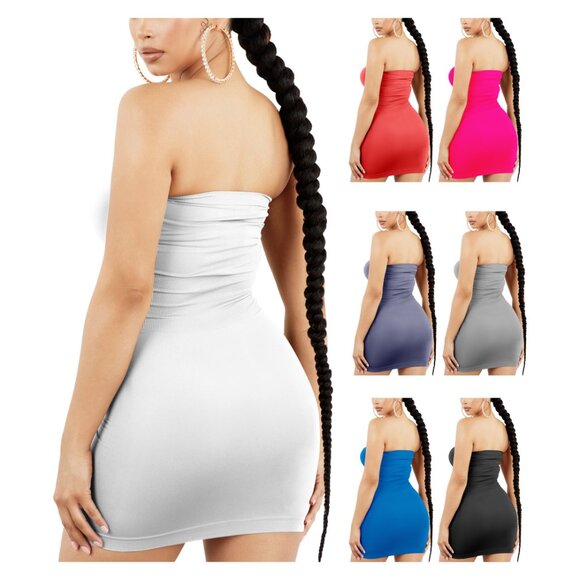 Women's Strapless Stretchy Comfy Tight Fit Seamless Body Con Mini Tube Top Dress - Picture 6 of 16